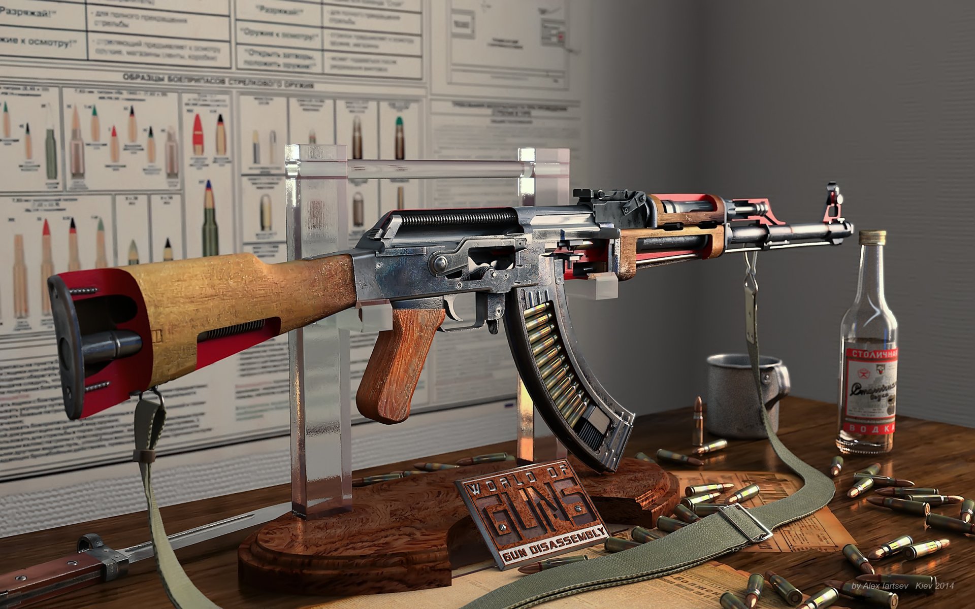 kalashnikov taglio alexander iartsev ak 47 fucile d assalto taglio munizioni vodka tazza poster arma rendering