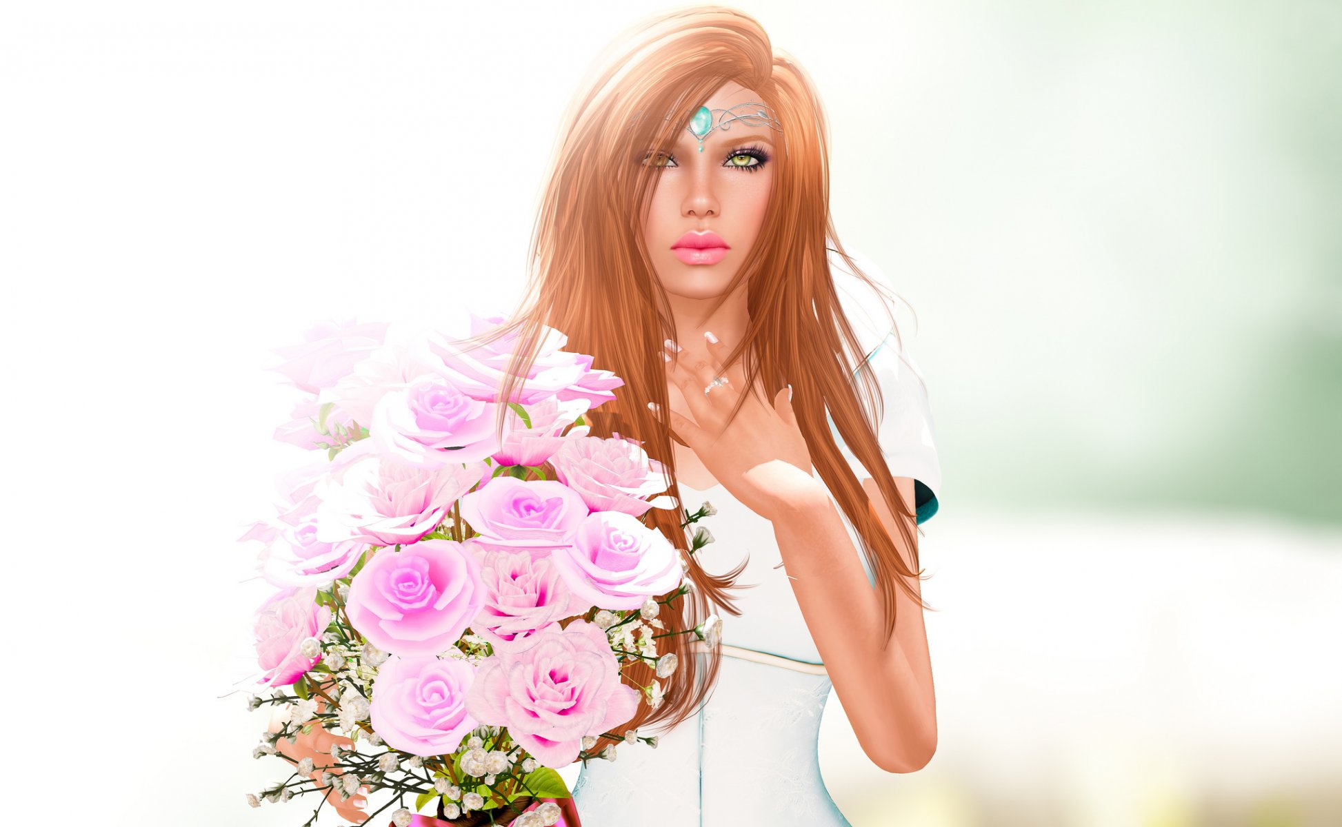 mädchen gesicht haare blick blumen rendering