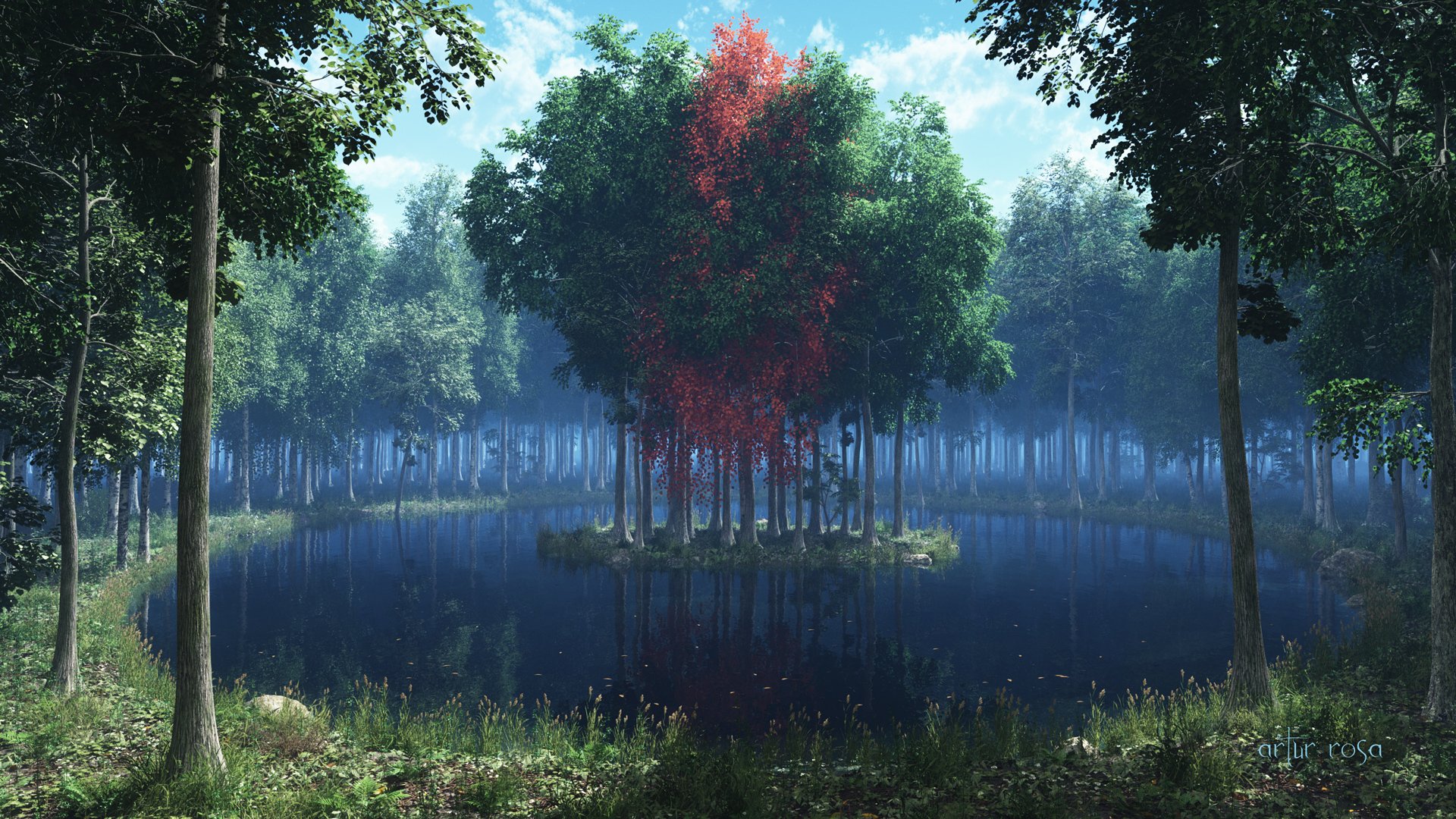 rendering lago isolotto alberi foresta foglie erba rosso