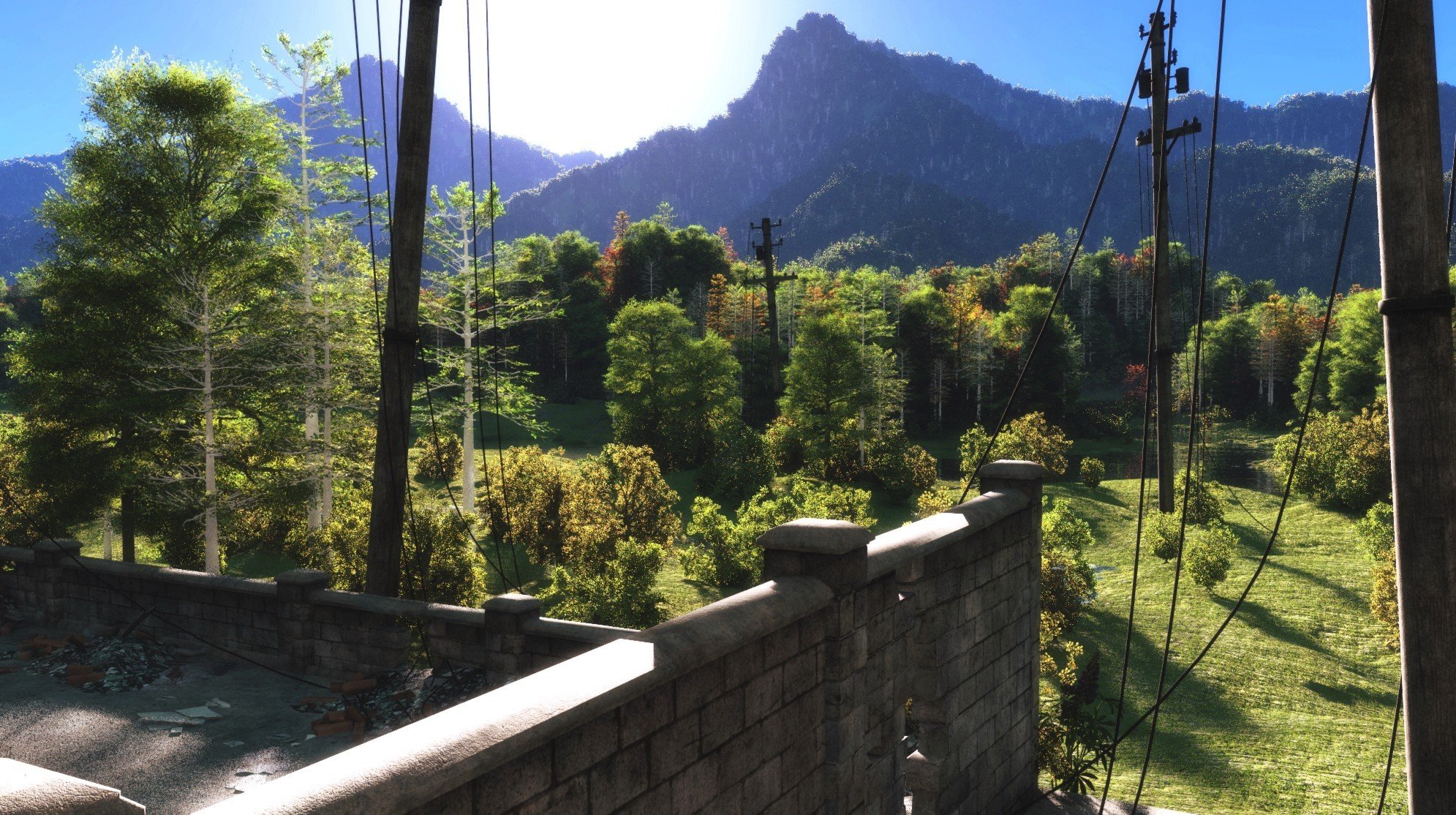 arte paisaje líneas de transmisión cables techo árboles bosque montañas colinas