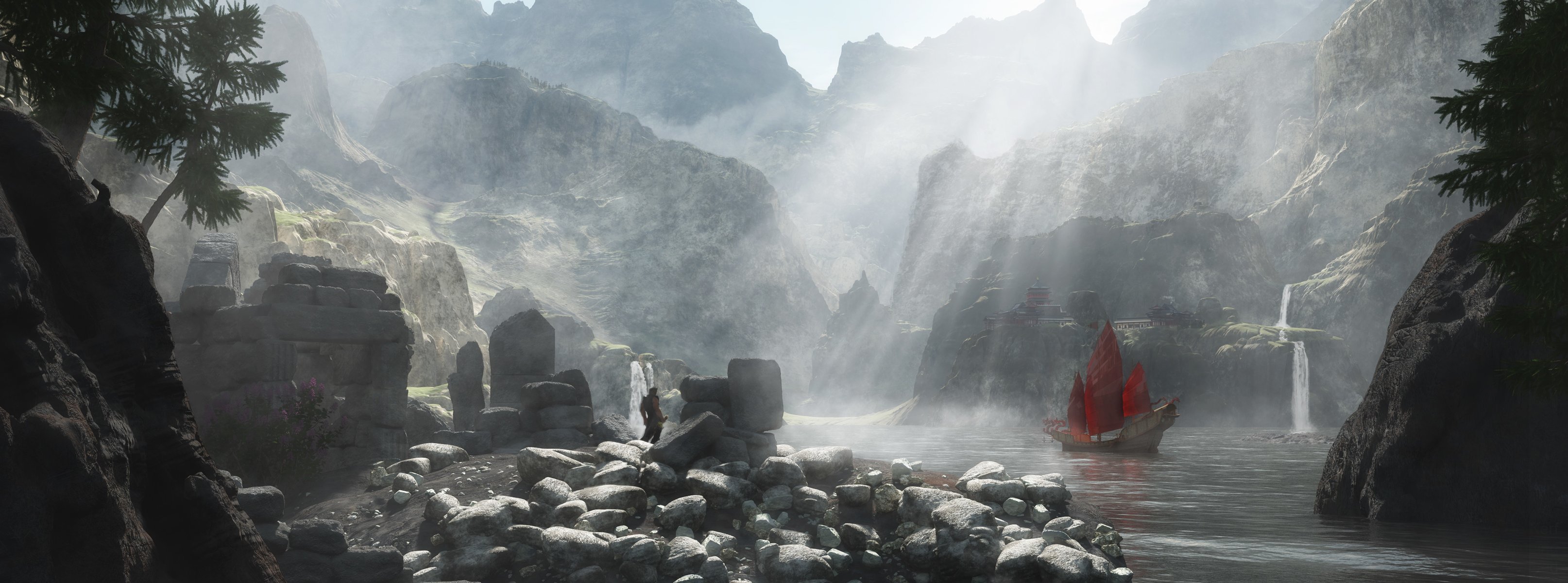 render lake ship rock stones man sword guy sailboats red waterfall