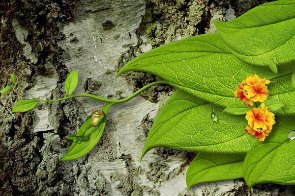 Leaves and flowers on the background of a tree trunk