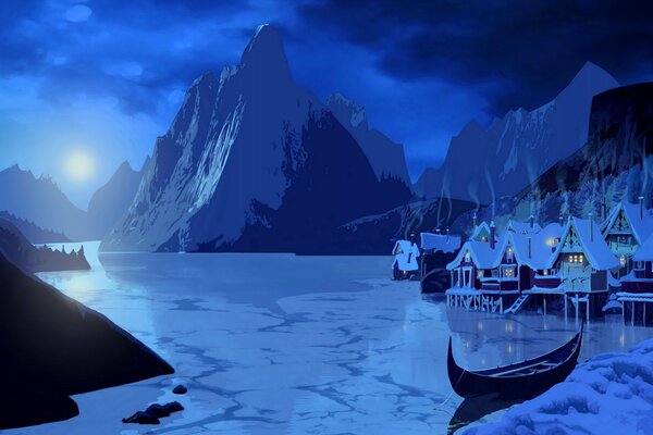 Winterlandschaft in der Nacht, Hütten in den Bergen und Kanus auf einem eisigen See