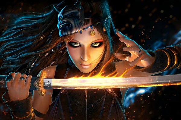 A girl in jewelry with a sword on which flames and sparks