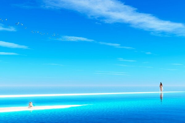 A girl walking on the surface of the ocean