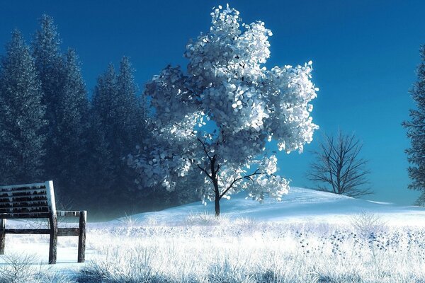 Winter landscape on a blue sky background