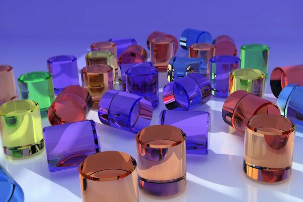 Multicolored glass cylinders are randomly scattered