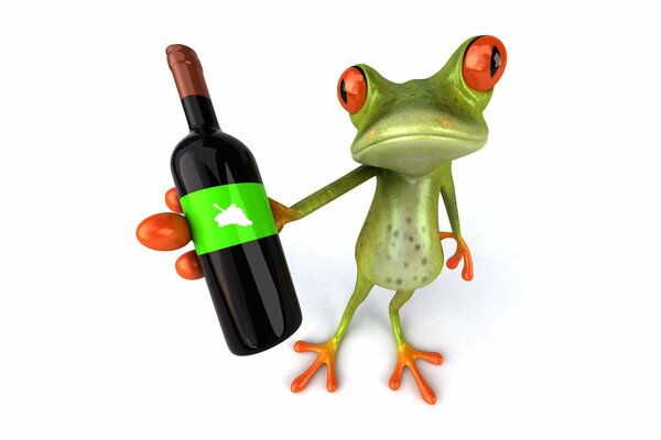 Sad frog with a bottle of wine