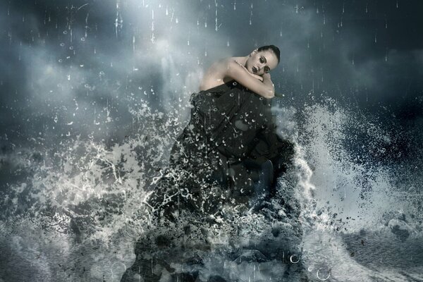 Processed photo of a girl on the water with splashes