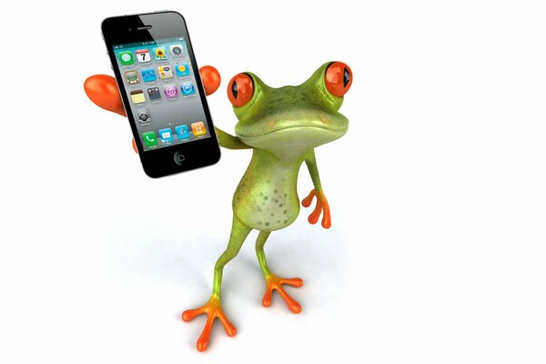 Grüner Frosch mit Telefon in der Hand