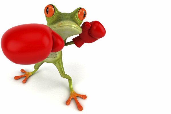 A green frog in red boxing gloves