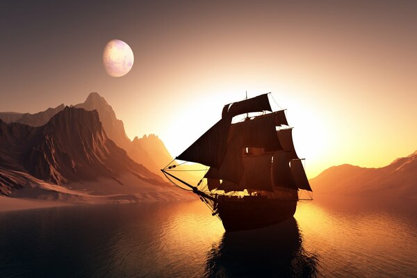 A ship with sails on the background of sunset