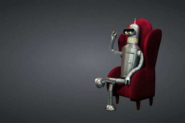 Robot Bender con un cigarro sentado en una silla