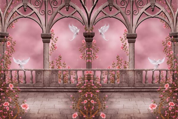 Голуби в розовом саду с арками