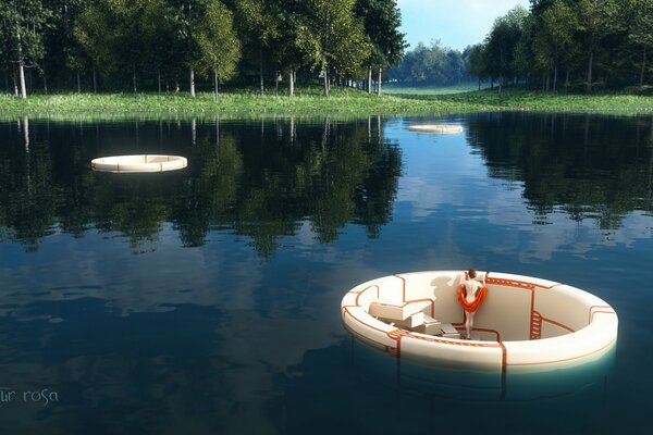 Lac avec des objets d art