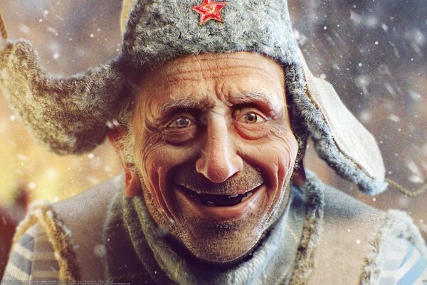 A cheerful man in a Soviet earflap