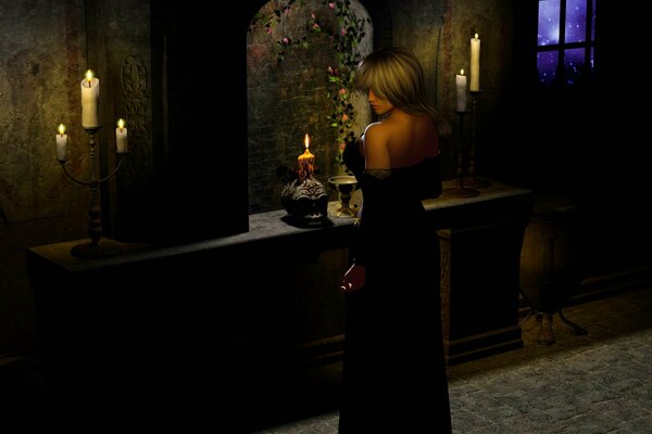Готическая девушка со свечами в темноте