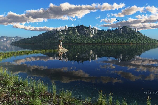 Les cumulus sur une île verte