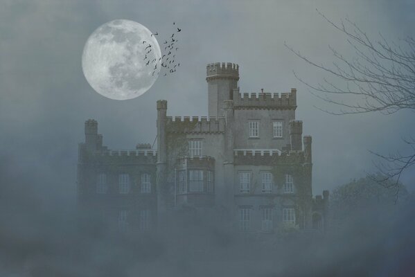 Pleine lune sur le château dans le brouillard