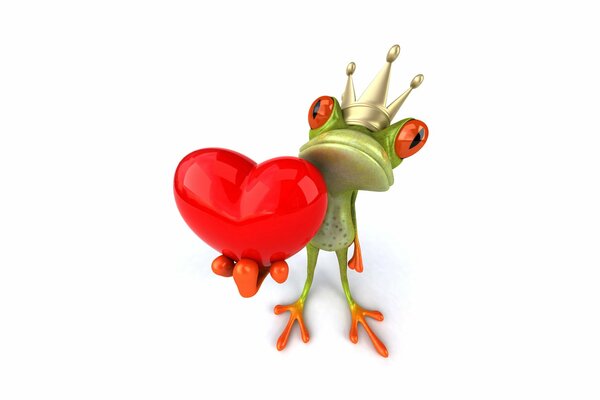 Orange-eyed frog in a crown with a heart