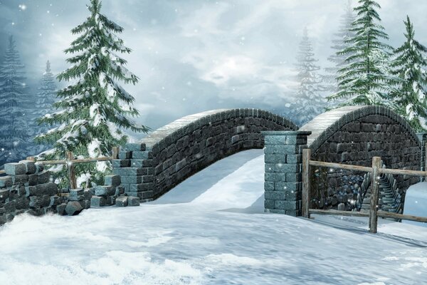 Winter 3D-Grafik mit Fichte und Brücke