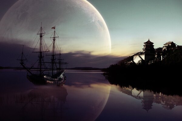 Корабль на фоне городской Луны