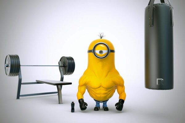 Muscoloso Minion bodybuilder si allena in palestra