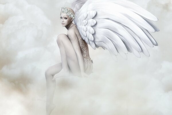 An angel with wings poses in the clouds