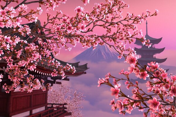 Цветущая сакура на фоне японских гор