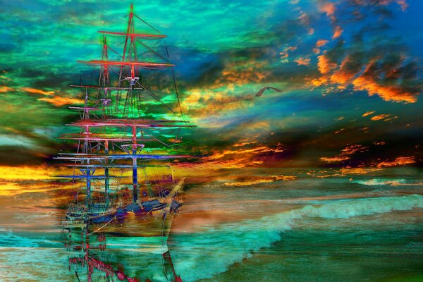 Colorful view of the sailing ship