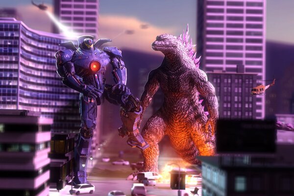 Grafische Darstellung des Roboters und des Godzilla