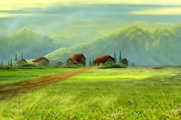 Пейзаж арт с маленькими домиками и зеленым полем