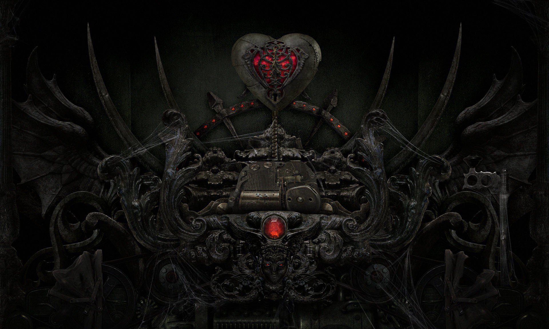 art dark background web metal heart black red the mechanism crystal