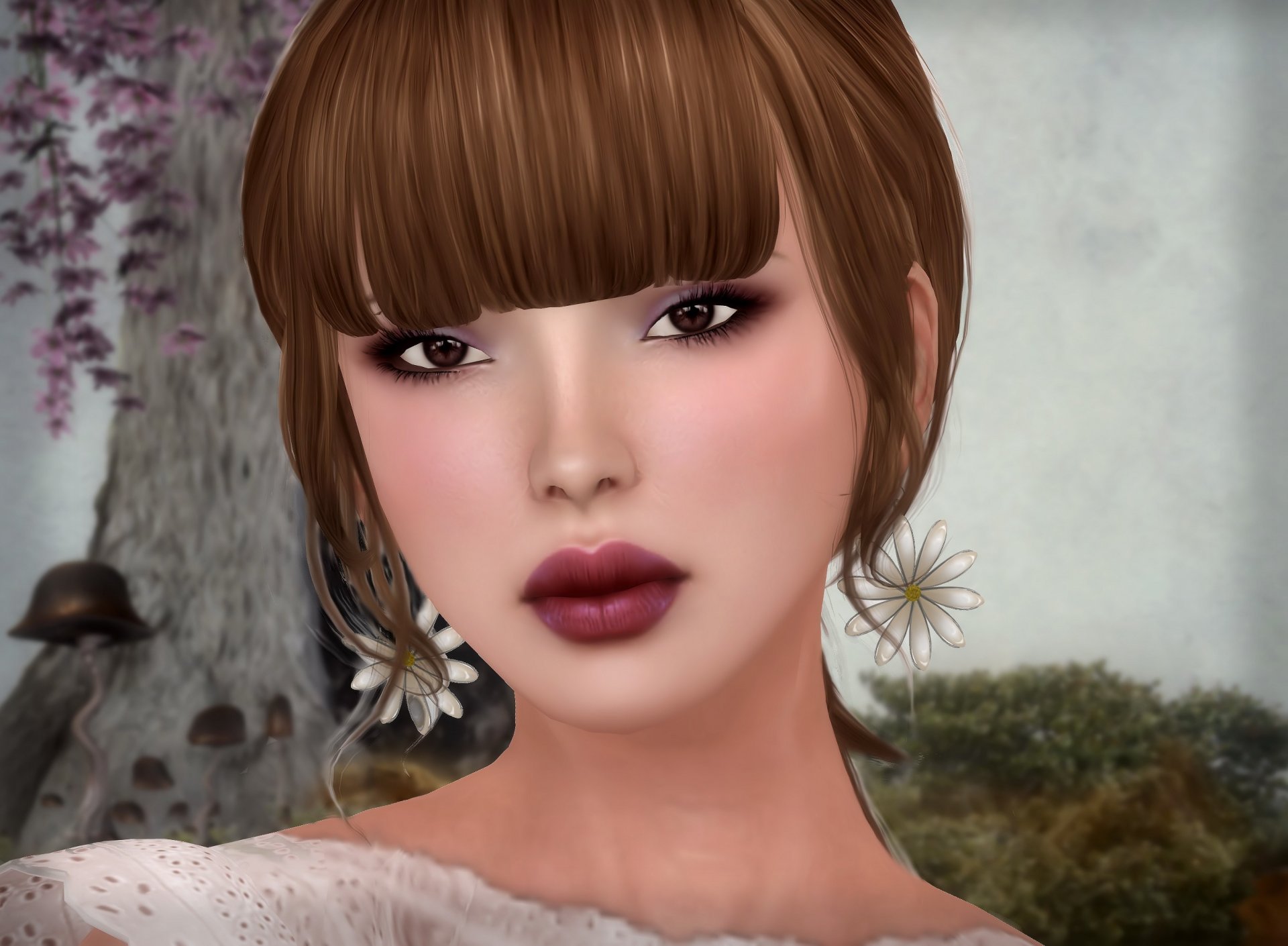 girl face render bang earrings chamomile flower