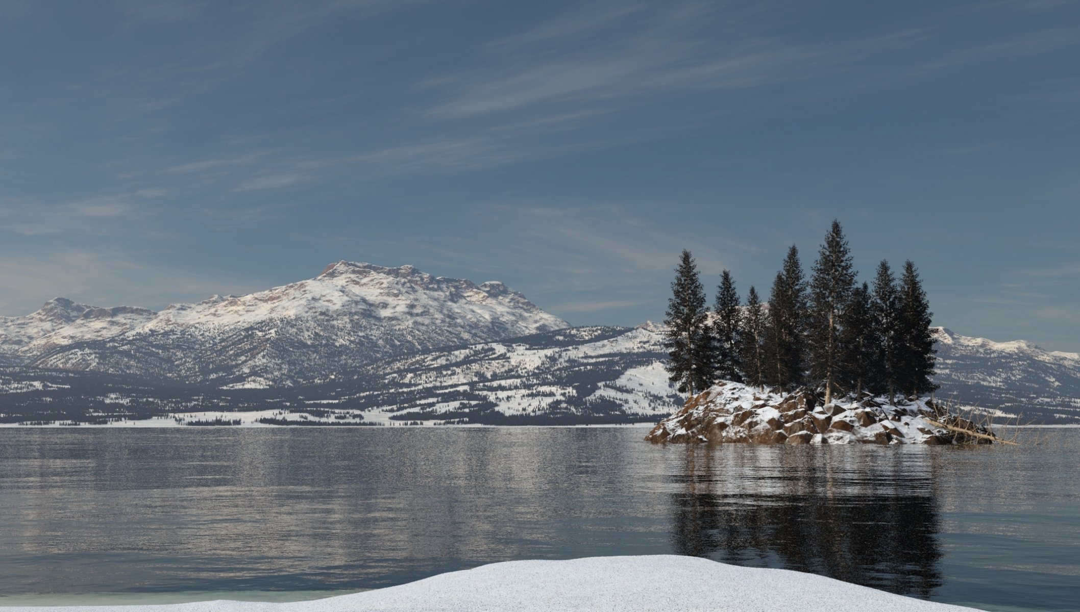 kunst see schnee insel insel fichte bäume berge reflexion wellen