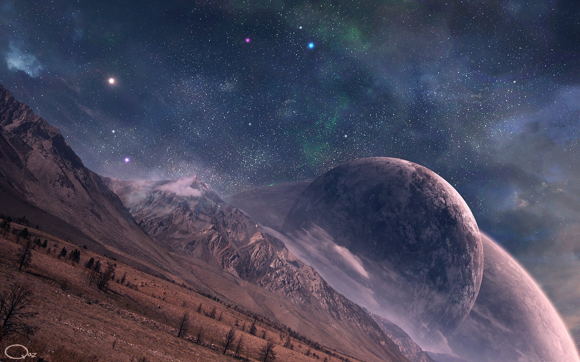 arte planetas montañas superficie vista estrellas