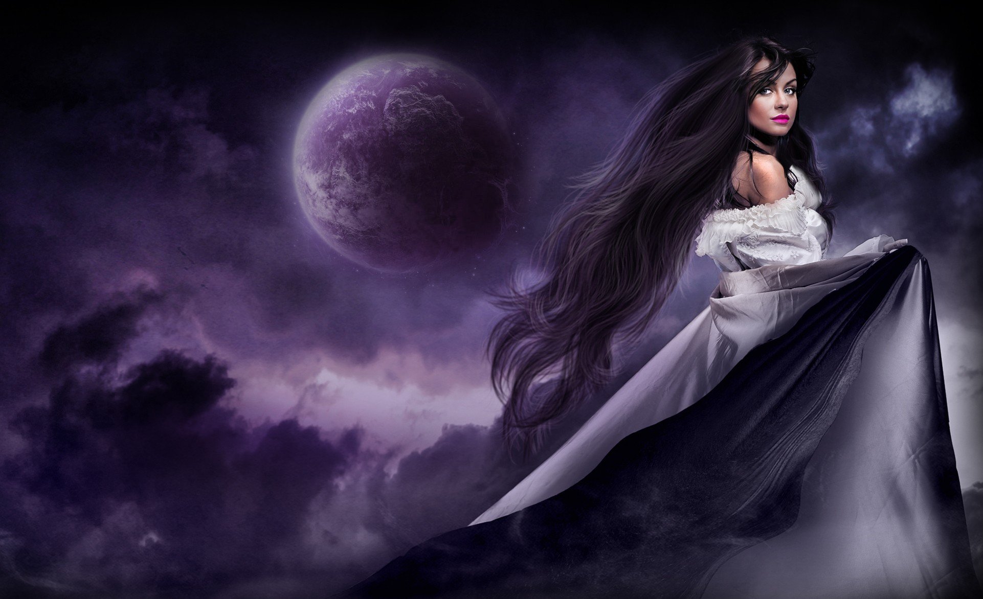 girl dress moon night hair