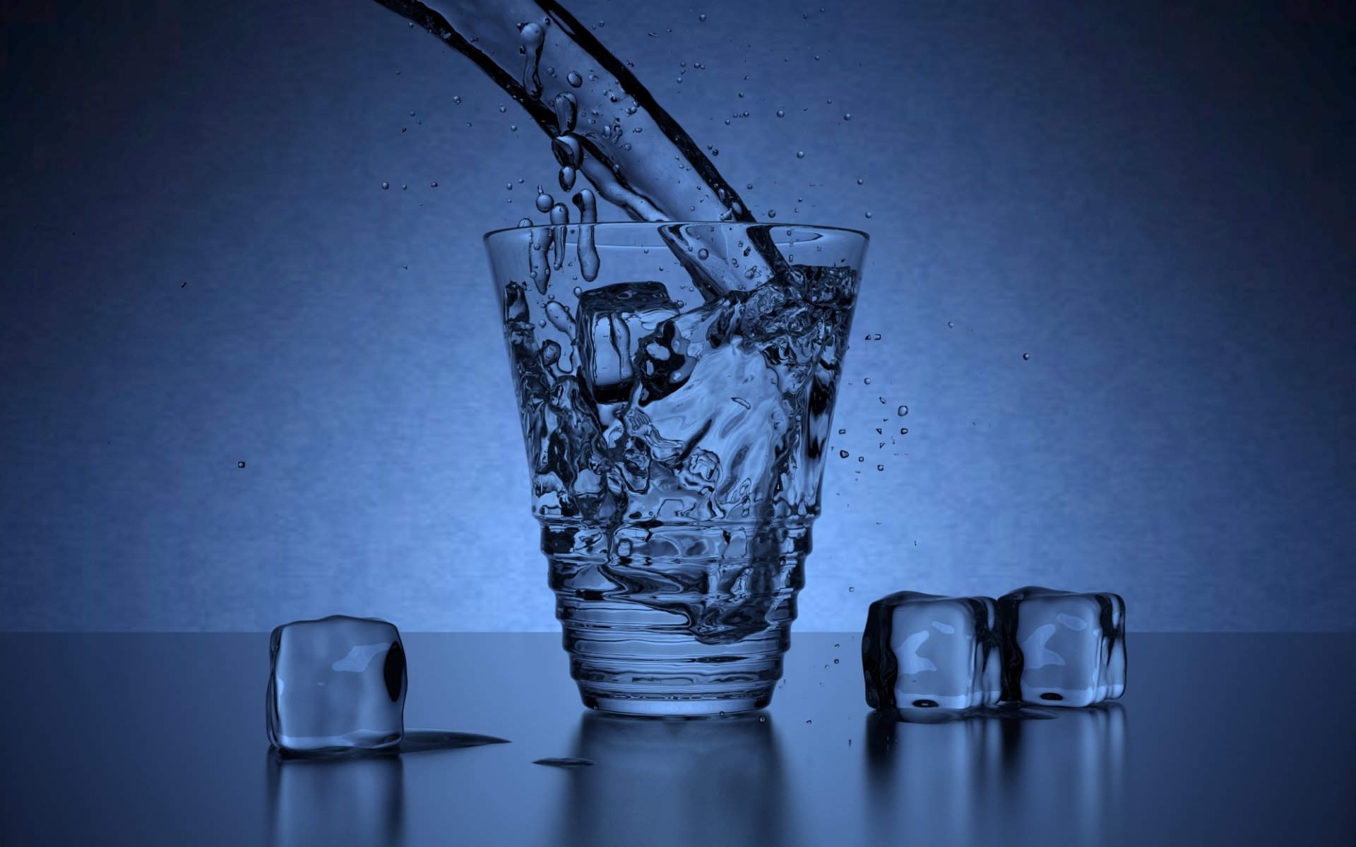 work aksoen wald rendering blender blender 2.62 glass transparent next pieces of ice blocks cube drops spray blue background blue water light realism