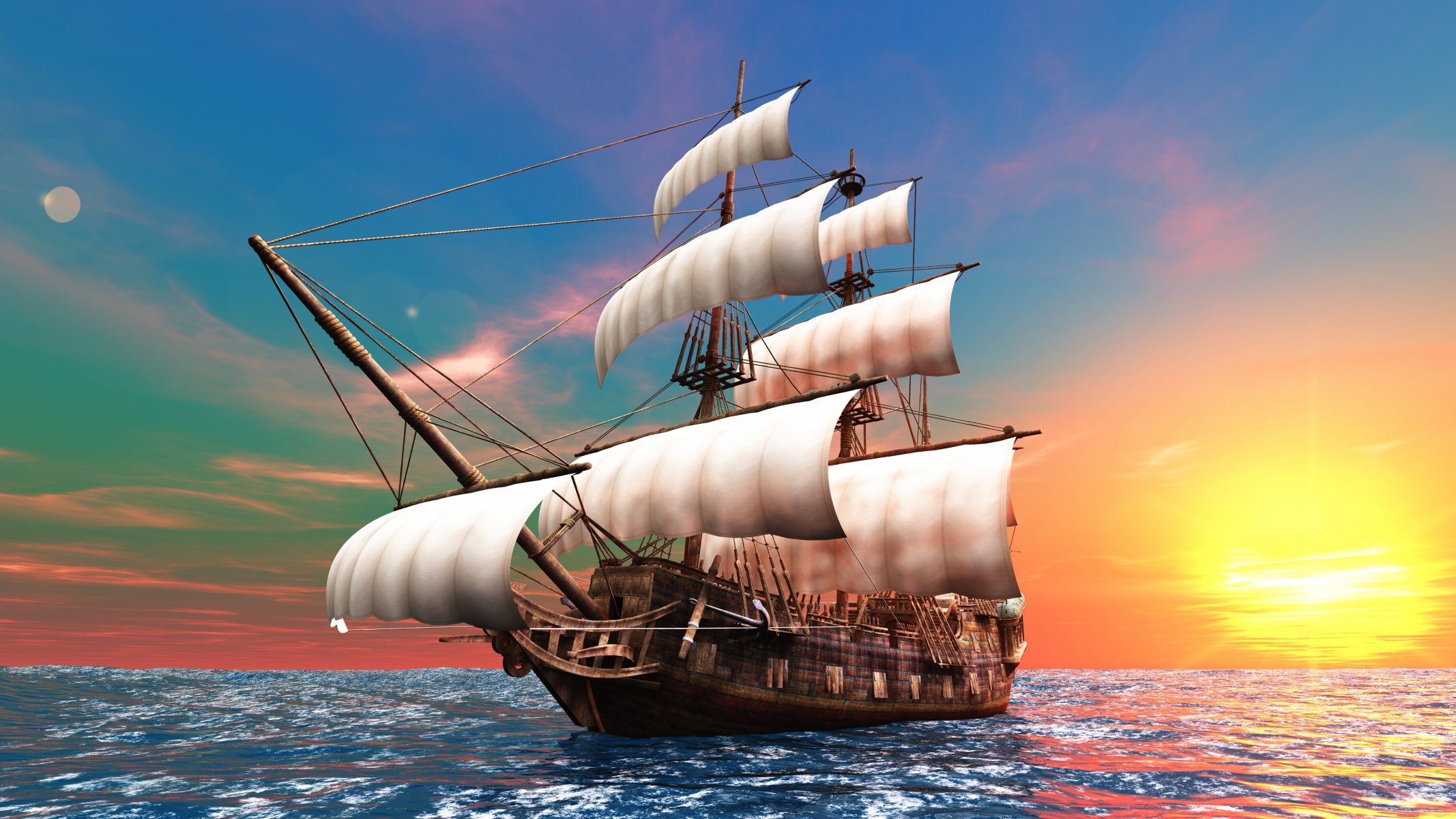 bergantín barco velero mástil velas bauprés océano amanecer sol gráficos 3d