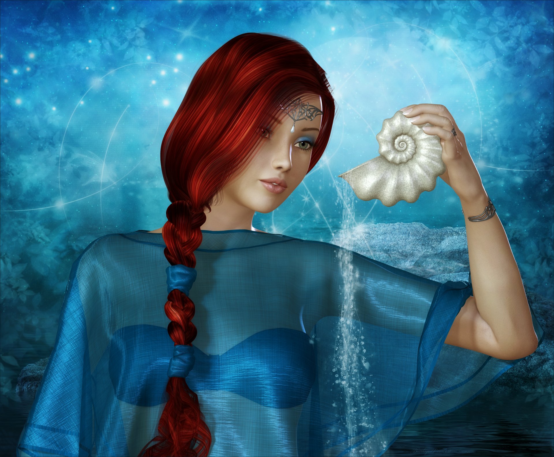 rendering girl face view red hair pigtail shell water decoration background light