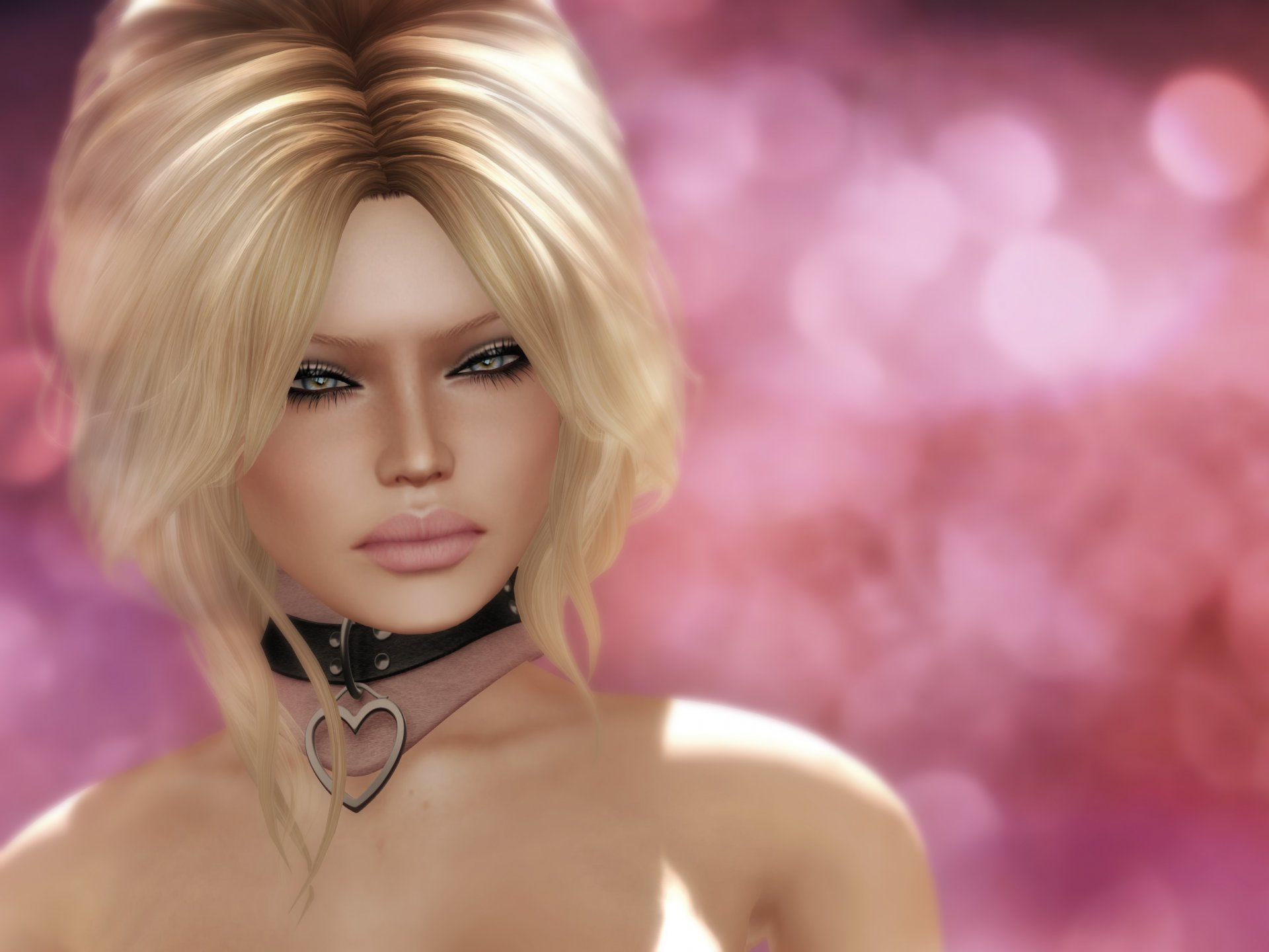 rendering ragazza 3d bionda sguardo ciglia trucco sfondo rosa