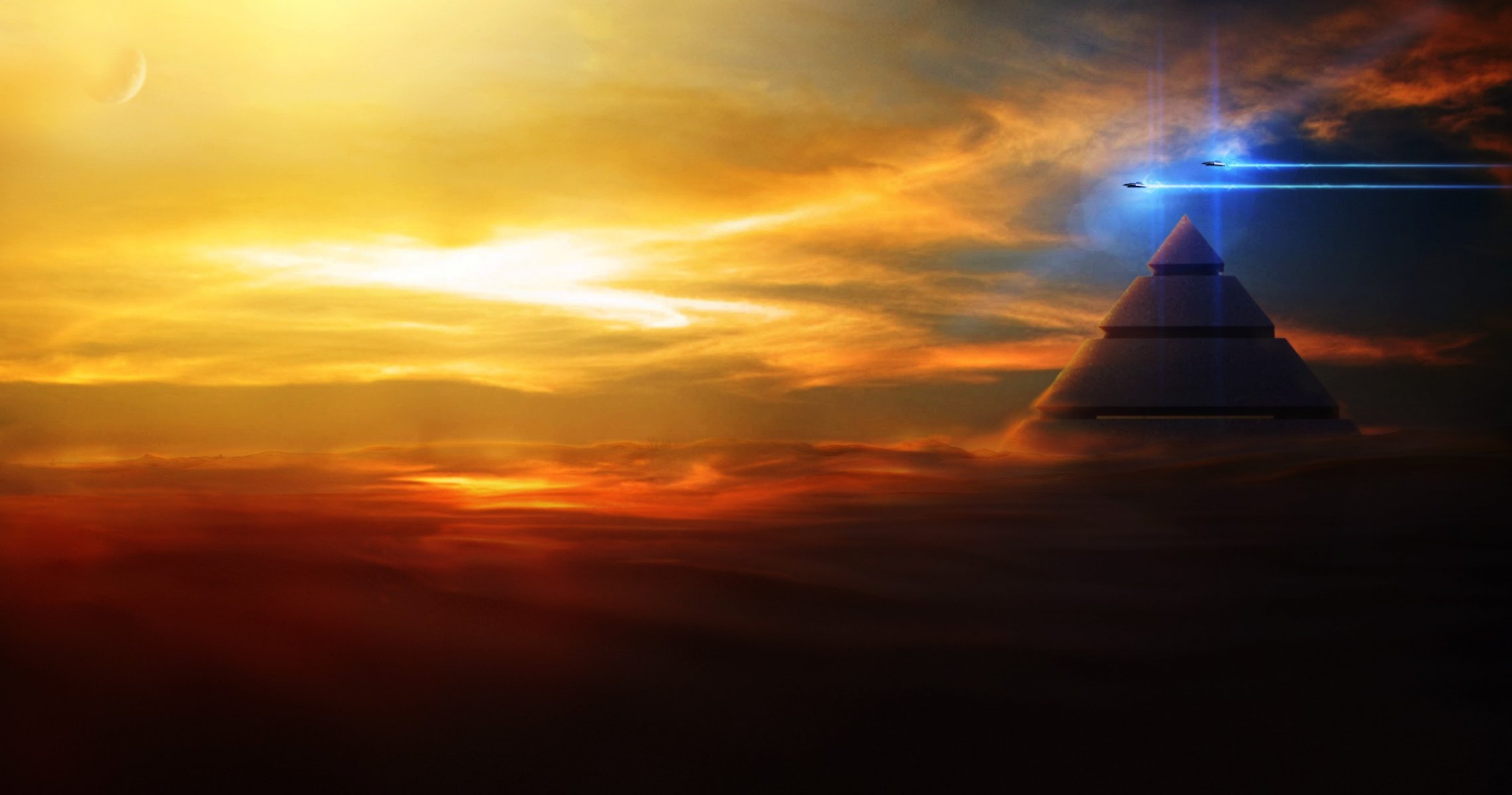 art pyramid ships in the sky flight clouds sunset