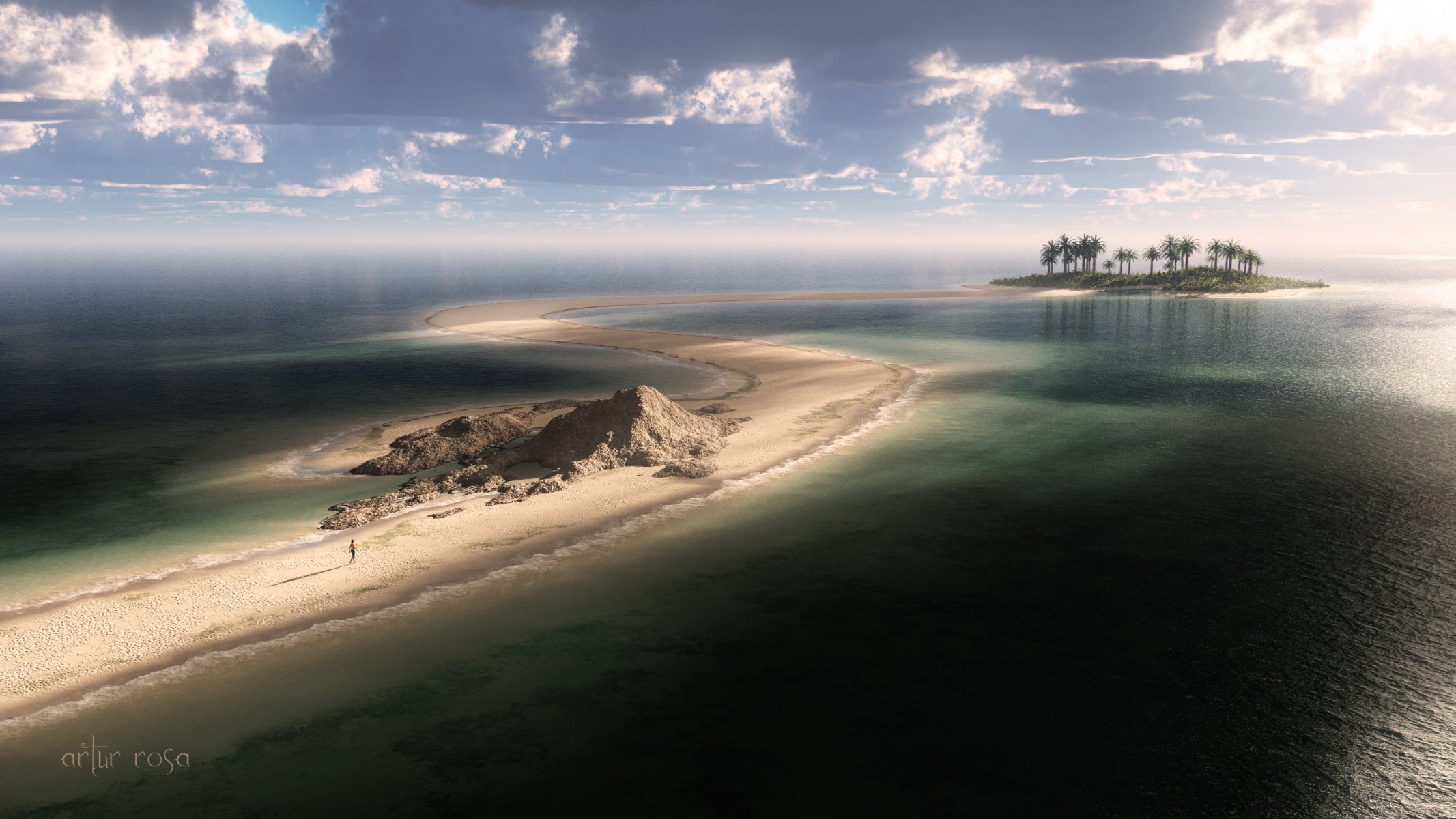 art ocean sea road sand man island palm clouds view