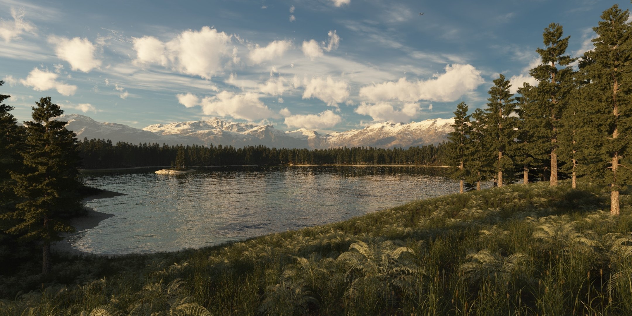 art lake mountain hills forest tree spruce conifers the island island