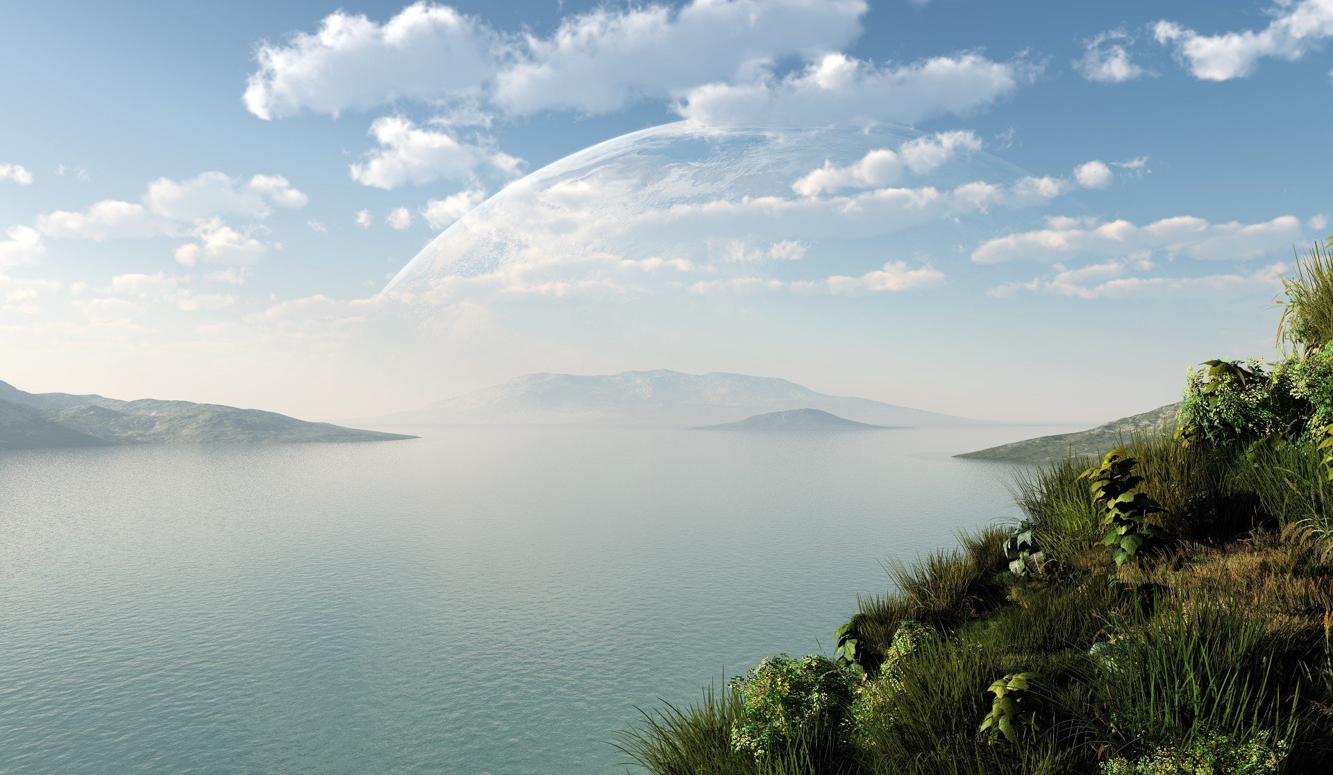 arte paesaggio lago fiume acqua colline verde erba nuvole pianeta