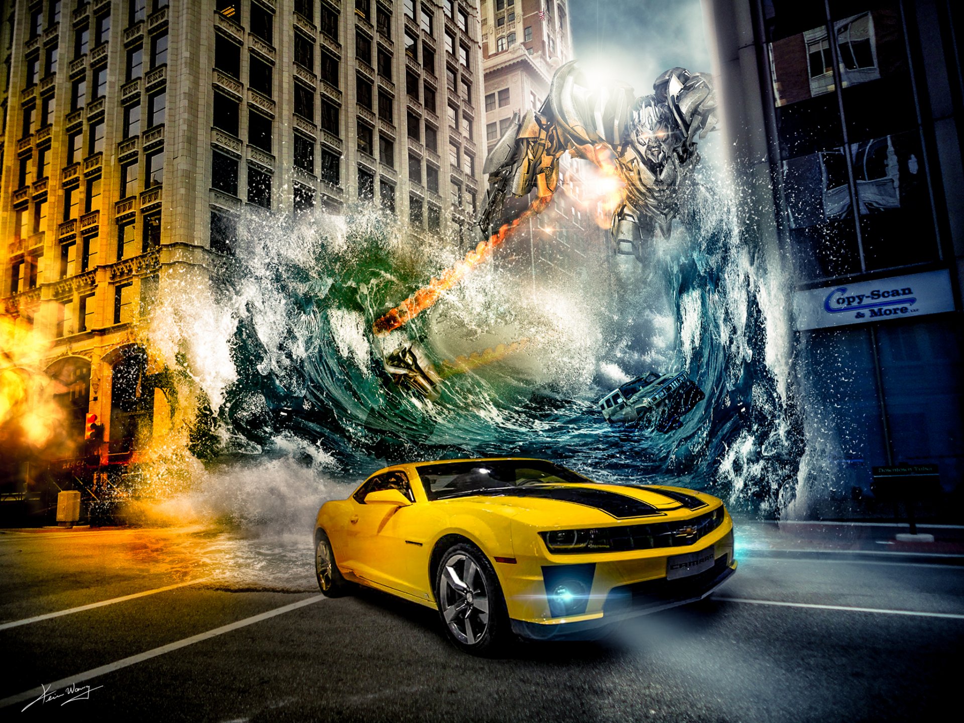 chevrolet camaro transformatoren roboter stadt auto wasser