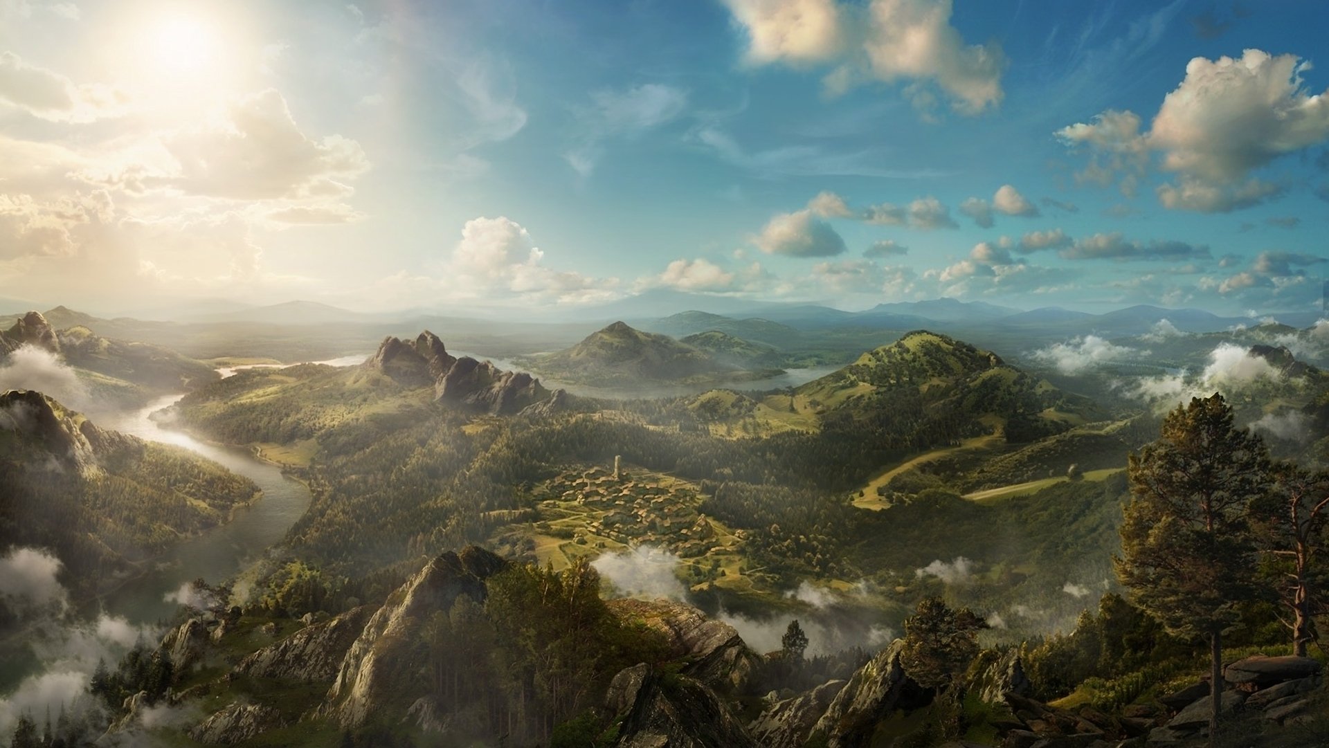 art paysage panorama vue fleuve les montagnes les collines les rochers les arbres les nuages la hauteur le village le village de