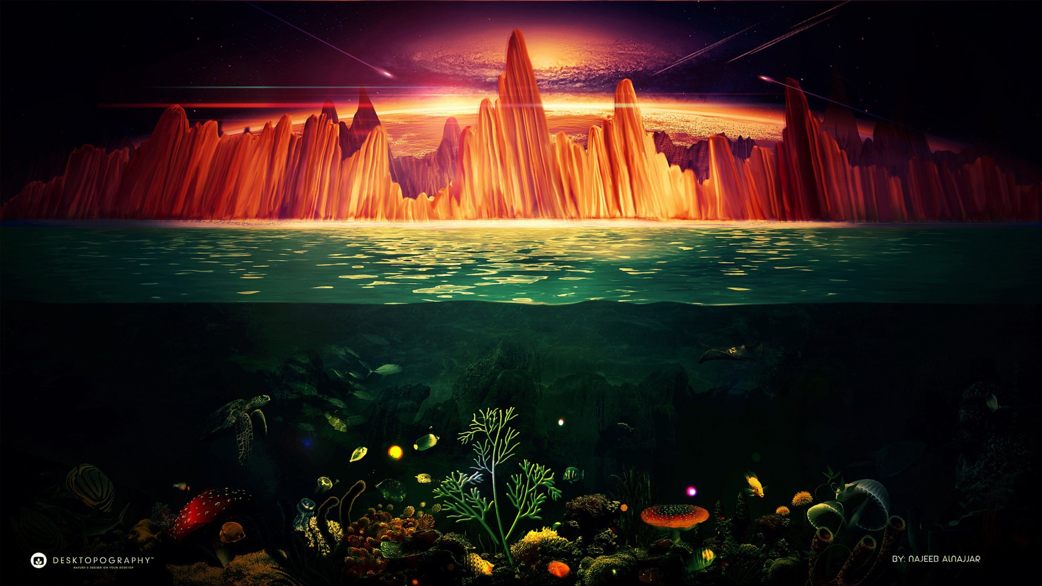 desktopography underwater world sea rock sky meteorites turtle glow coral