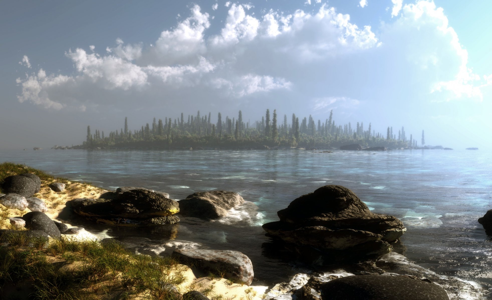 art klontak le paysage le lac l eau les pierres le bois les arbres l île les nuages