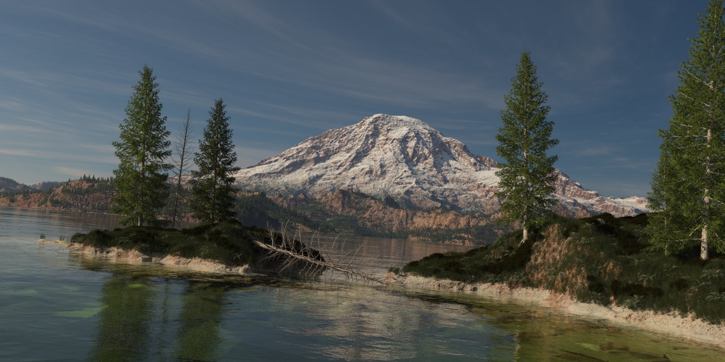 art mountain lake island forest trees spruce snow tree dry